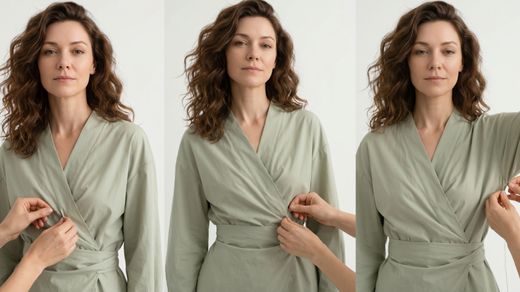 A three-panel collage showcasing a professional fitting session for a woman's sage green wrap dress. The images detail a seamstress's hands using pins to adjust the neckline, waist closure, and underarm seam for a perfectly tailored fit. Ideal for showcasing apparel design, garment alterations, and custom dressmaking.