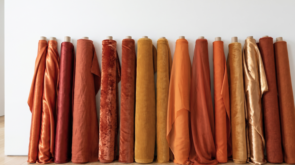 A wide selection of premium textile bolts arranged vertically against a clean white wall. The collection features a warm color palette of terracotta, rust, ochre yellow, burnt orange, and metallic copper tones. Diverse textures are highlighted, including silk satin, ribbed corduroy, crushed velvet, and sheer chiffon, perfect for fashion design, upholstery, and garment sewing.