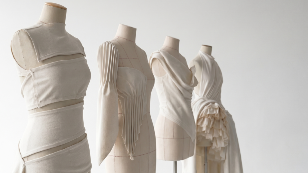 A row of professional tailor mannequins showcasing various haute couture draping techniques in white calico muslin fabric. The display highlights different garment construction methods, including architectural cutouts, intricate pleating and ruching, elegant cowl necklines, and structural ruffled skirts. Perfect for content focused on fashion design, pattern making, and dress construction.