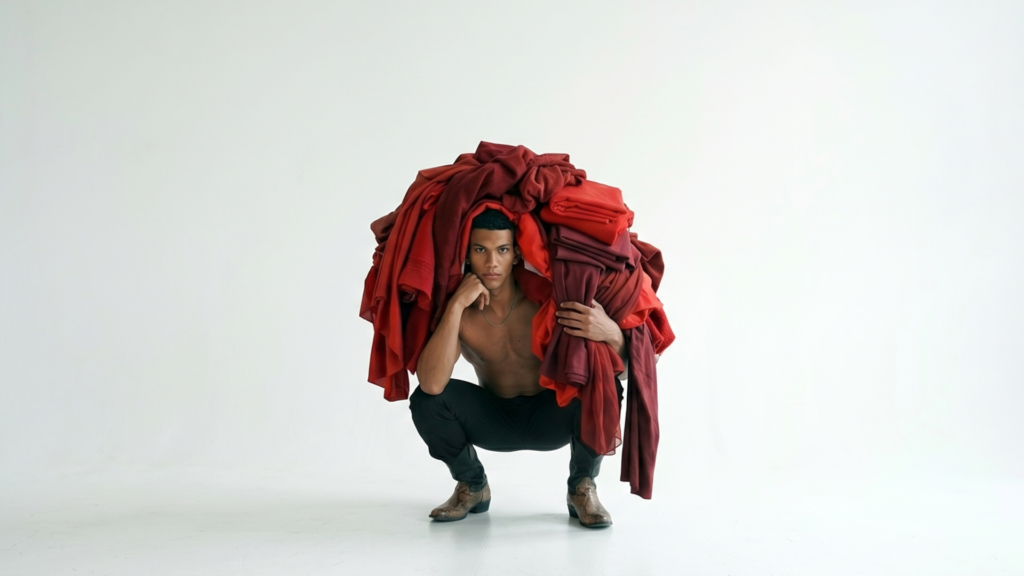 Avant-garde editorial fashion photography featuring a male model crouching against a minimalist white studio background. The model balances a massive, sculptural bundle of draped red and burgundy fabrics over his shoulders and head, creating a dramatic, heavy silhouette. Ideal for showcasing conceptual apparel design, artistic fabric draping, and contemporary high-fashion portraiture.